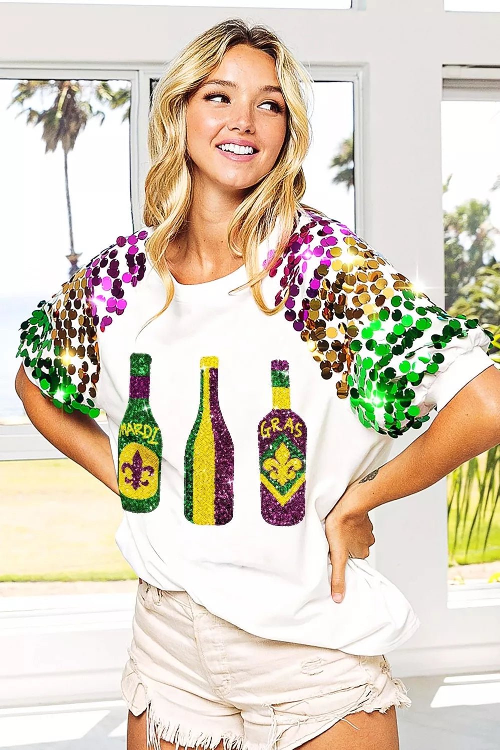 BiBi Sequin Mardi Gras Bottles Spangled Sleeve Top - Bitsy Gypsy Boutique