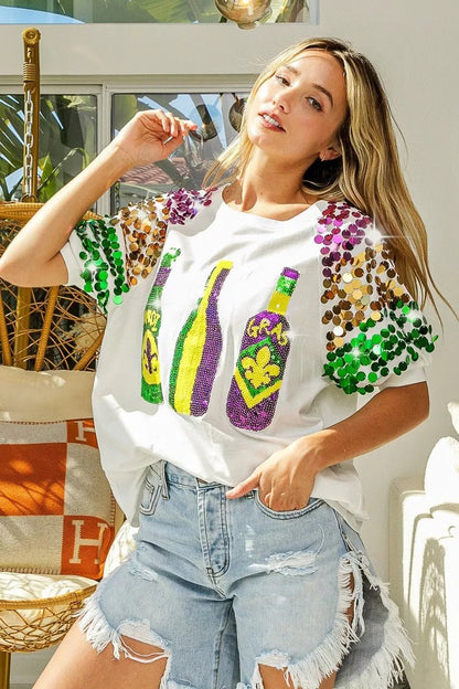 BiBi Sequin Mardi Gras Bottles Spangled Sleeve Top - Bitsy Gypsy Boutique
