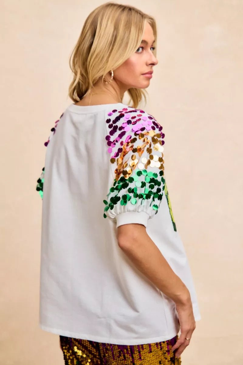 BiBi Sequin Mardi Gras Bottles Spangled Sleeve Top - Bitsy Gypsy Boutique
