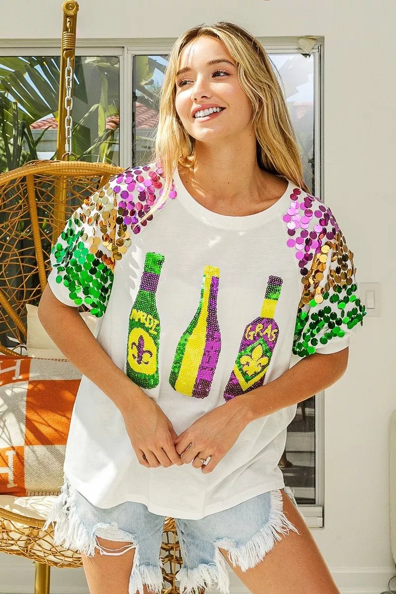 BiBi Sequin Mardi Gras Bottles Spangled Sleeve Top - Bitsy Gypsy Boutique