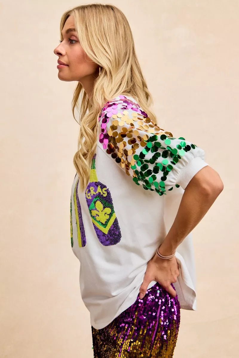 BiBi Sequin Mardi Gras Bottles Spangled Sleeve Top - Bitsy Gypsy Boutique