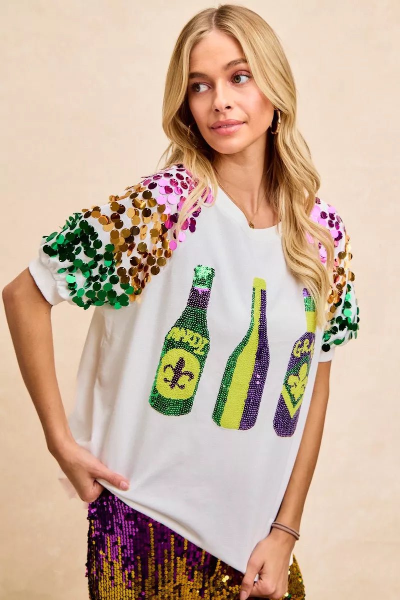 BiBi Sequin Mardi Gras Bottles Spangled Sleeve Top - Bitsy Gypsy Boutique