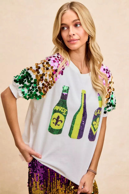 BiBi Sequin Mardi Gras Bottles Spangled Sleeve Top - Bitsy Gypsy Boutique