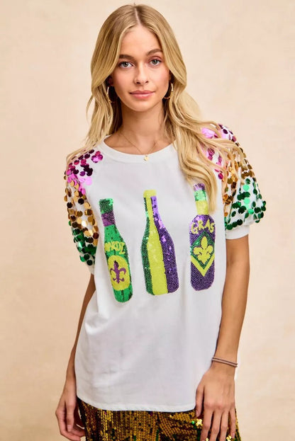 BiBi Sequin Mardi Gras Bottles Spangled Sleeve Top - Bitsy Gypsy Boutique