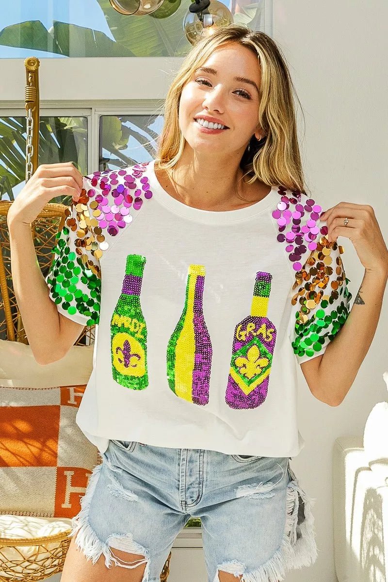 BiBi Sequin Mardi Gras Bottles Spangled Sleeve Top - Bitsy Gypsy Boutique