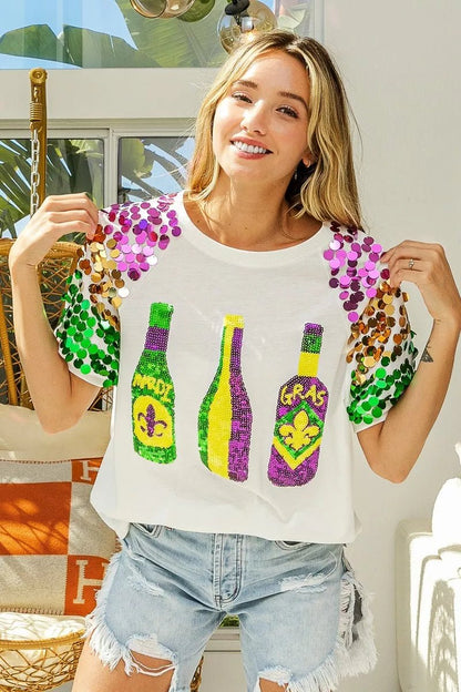BiBi Sequin Mardi Gras Bottles Spangled Sleeve Top - Bitsy Gypsy Boutique