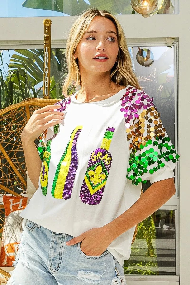 BiBi Sequin Mardi Gras Bottles Spangled Sleeve Top - Bitsy Gypsy Boutique