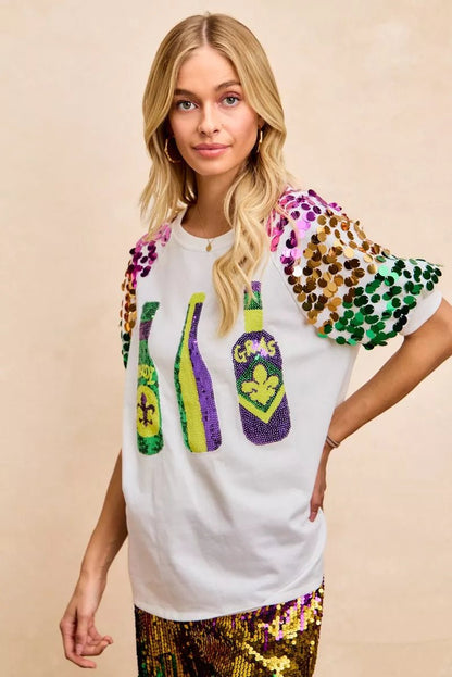 BiBi Sequin Mardi Gras Bottles Spangled Sleeve Top - Bitsy Gypsy Boutique