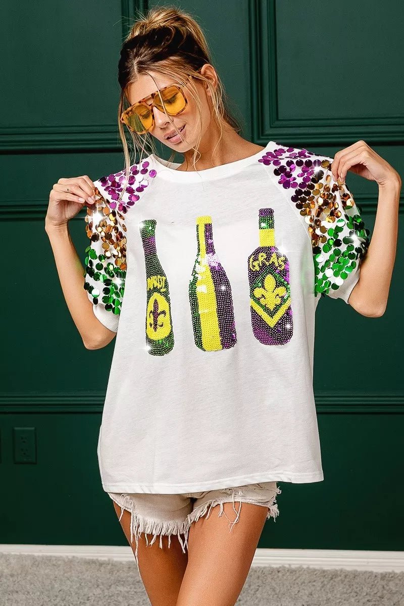 BiBi Sequin Mardi Gras Bottles Spangled Sleeve Top - Bitsy Gypsy Boutique