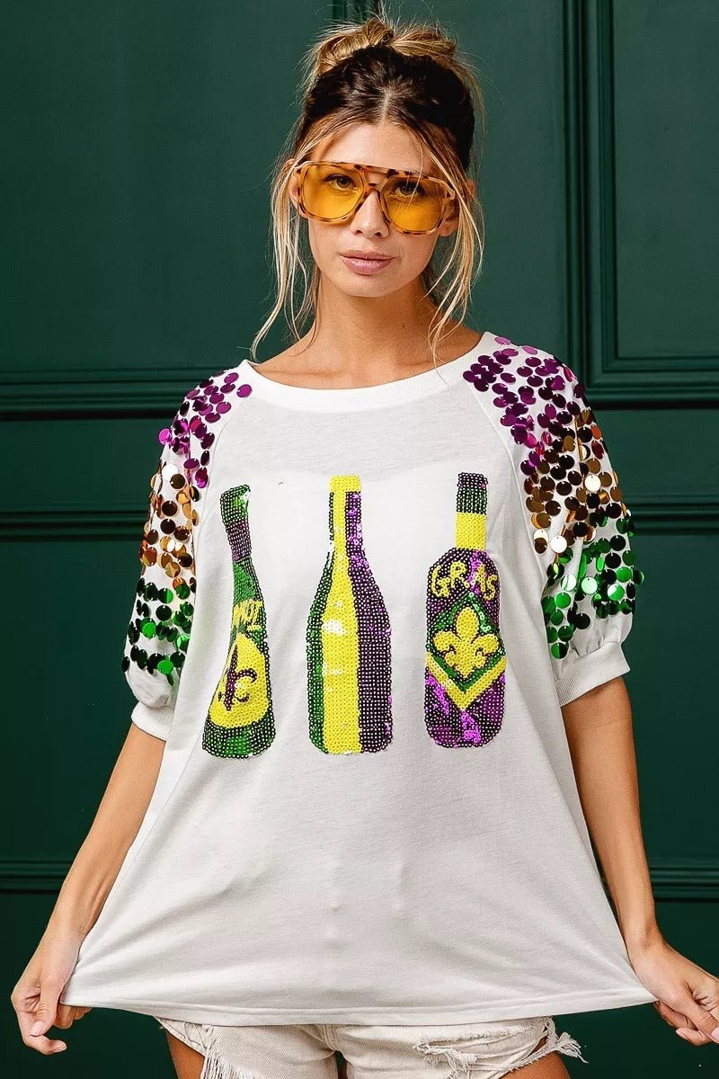 BiBi Sequin Mardi Gras Bottles Spangled Sleeve Top - Bitsy Gypsy Boutique