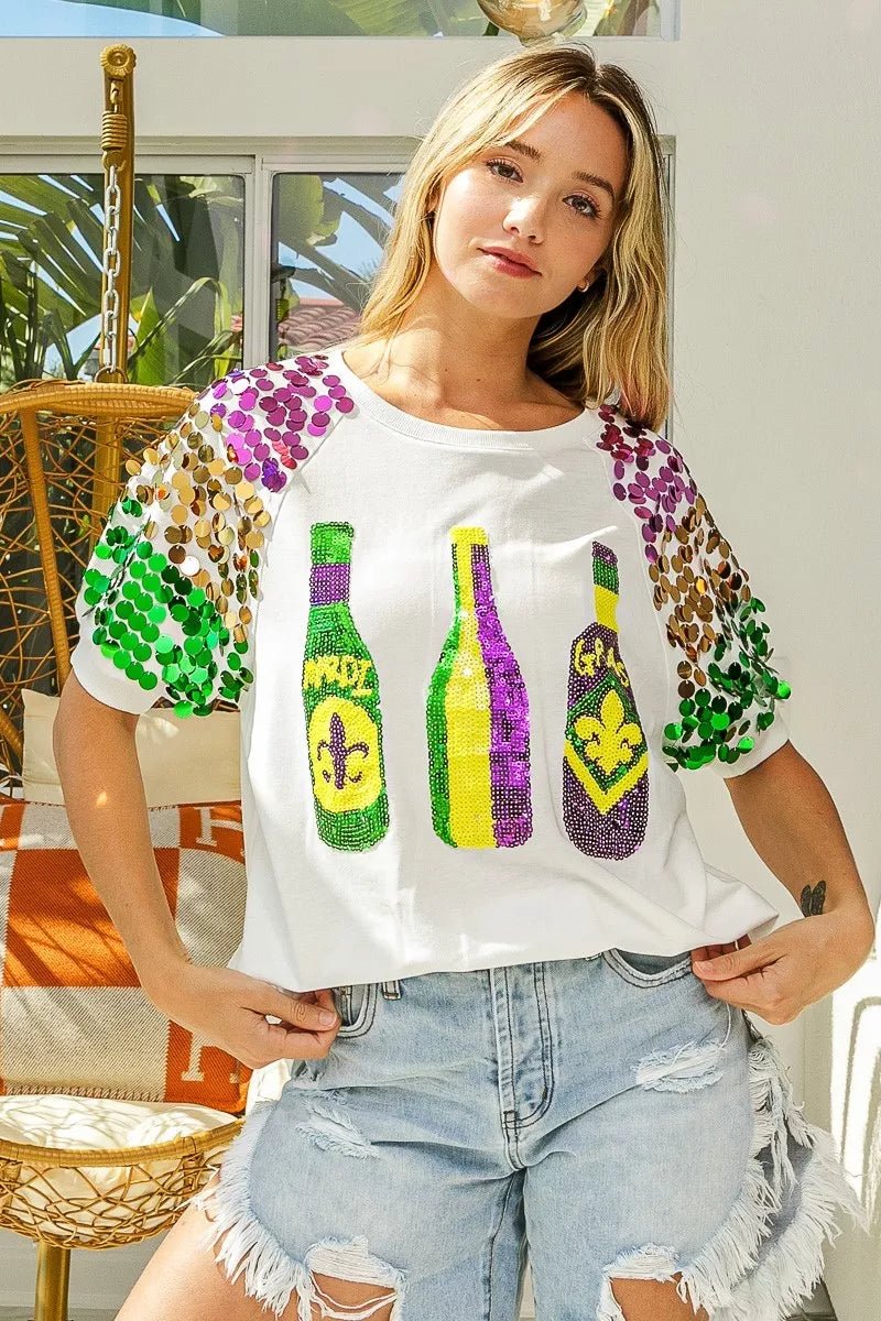 BiBi Sequin Mardi Gras Bottles Spangled Sleeve Top - Bitsy Gypsy Boutique