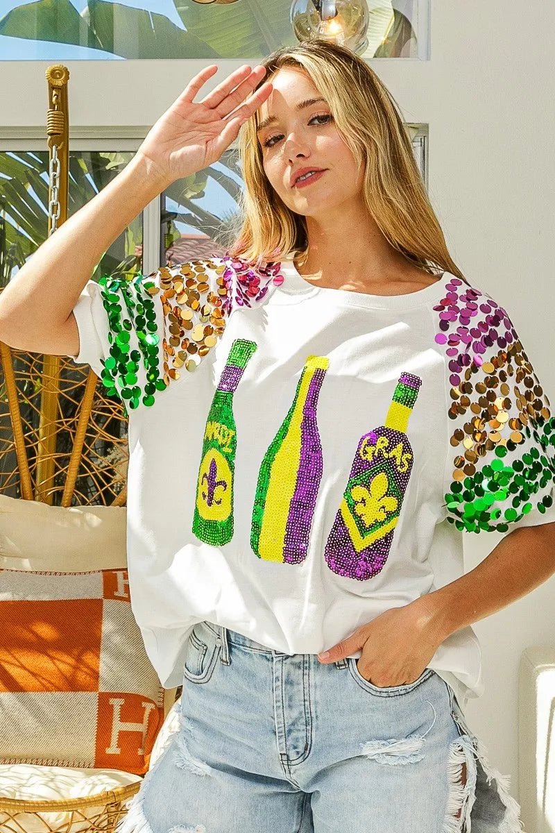 BiBi Sequin Mardi Gras Bottles Spangled Sleeve Top - Bitsy Gypsy Boutique