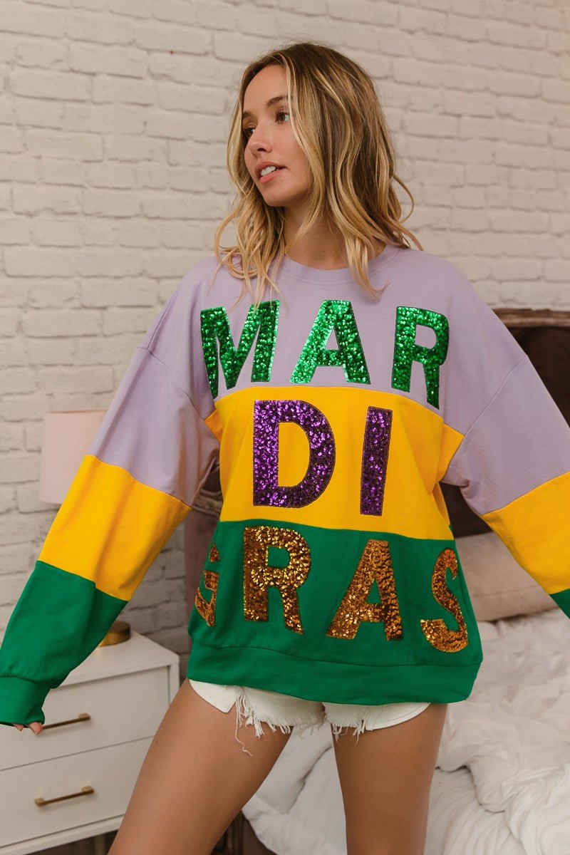 BiBi Sequin Mardi Gras Lettering Color Block Sweatshirt - Bitsy Gypsy Boutique