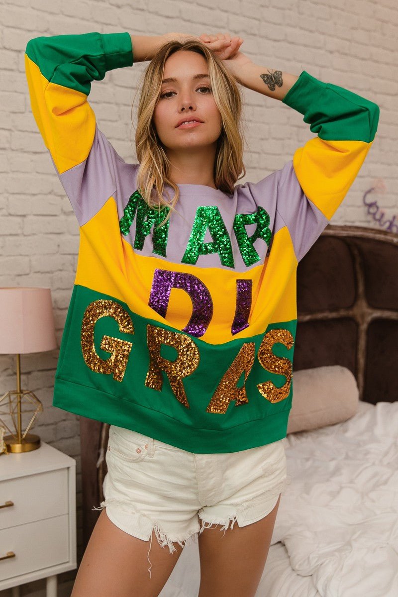 BiBi Sequin Mardi Gras Lettering Color Block Sweatshirt - Bitsy Gypsy Boutique