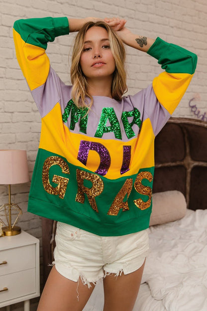 BiBi Sequin Mardi Gras Lettering Color Block Sweatshirt - Bitsy Gypsy Boutique