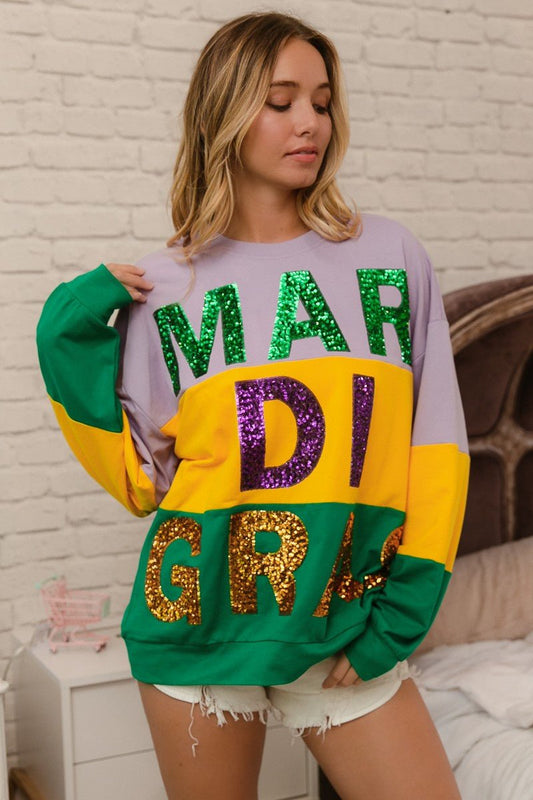 BiBi Sequin Mardi Gras Lettering Color Block Sweatshirt - Bitsy Gypsy Boutique