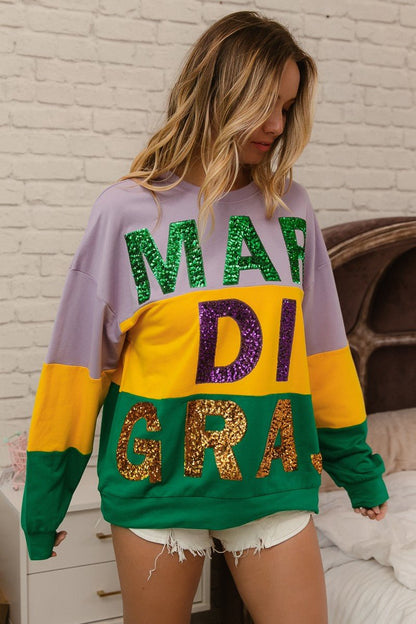 BiBi Sequin Mardi Gras Lettering Color Block Sweatshirt - Bitsy Gypsy Boutique