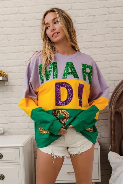 BiBi Sequin Mardi Gras Lettering Color Block Sweatshirt - Bitsy Gypsy Boutique