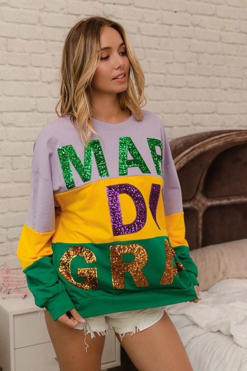 BiBi Sequin Mardi Gras Lettering Color Block Sweatshirt - Bitsy Gypsy Boutique