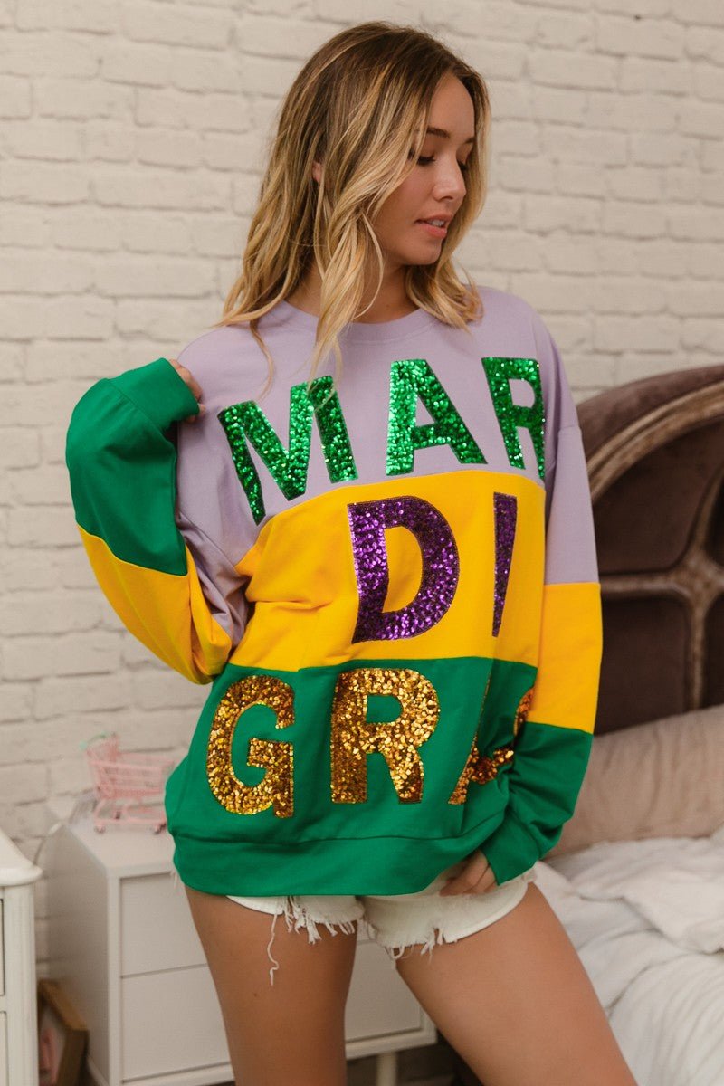 BiBi Sequin Mardi Gras Lettering Color Block Sweatshirt - Bitsy Gypsy Boutique
