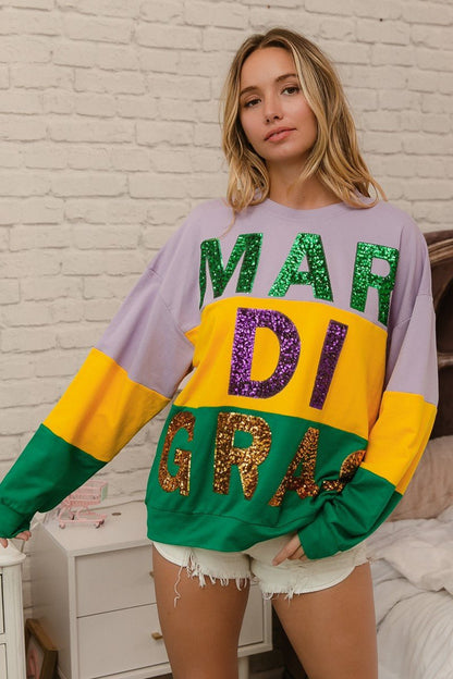 BiBi Sequin Mardi Gras Lettering Color Block Sweatshirt - Bitsy Gypsy Boutique