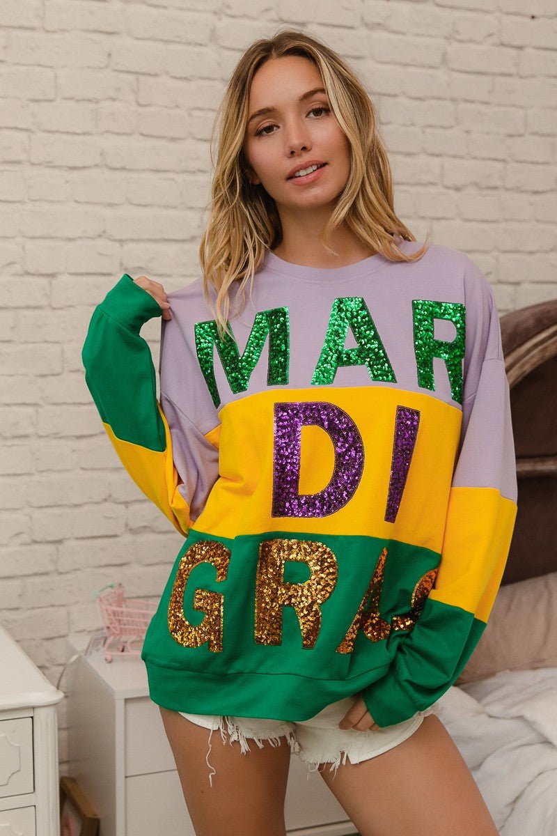 BiBi Sequin Mardi Gras Lettering Color Block Sweatshirt - Bitsy Gypsy Boutique