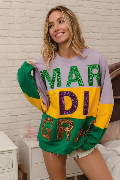 BiBi Sequin Mardi Gras Lettering Color Block Sweatshirt - Bitsy Gypsy Boutique