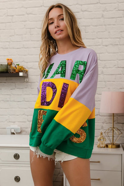 BiBi Sequin Mardi Gras Lettering Color Block Sweatshirt - Bitsy Gypsy Boutique