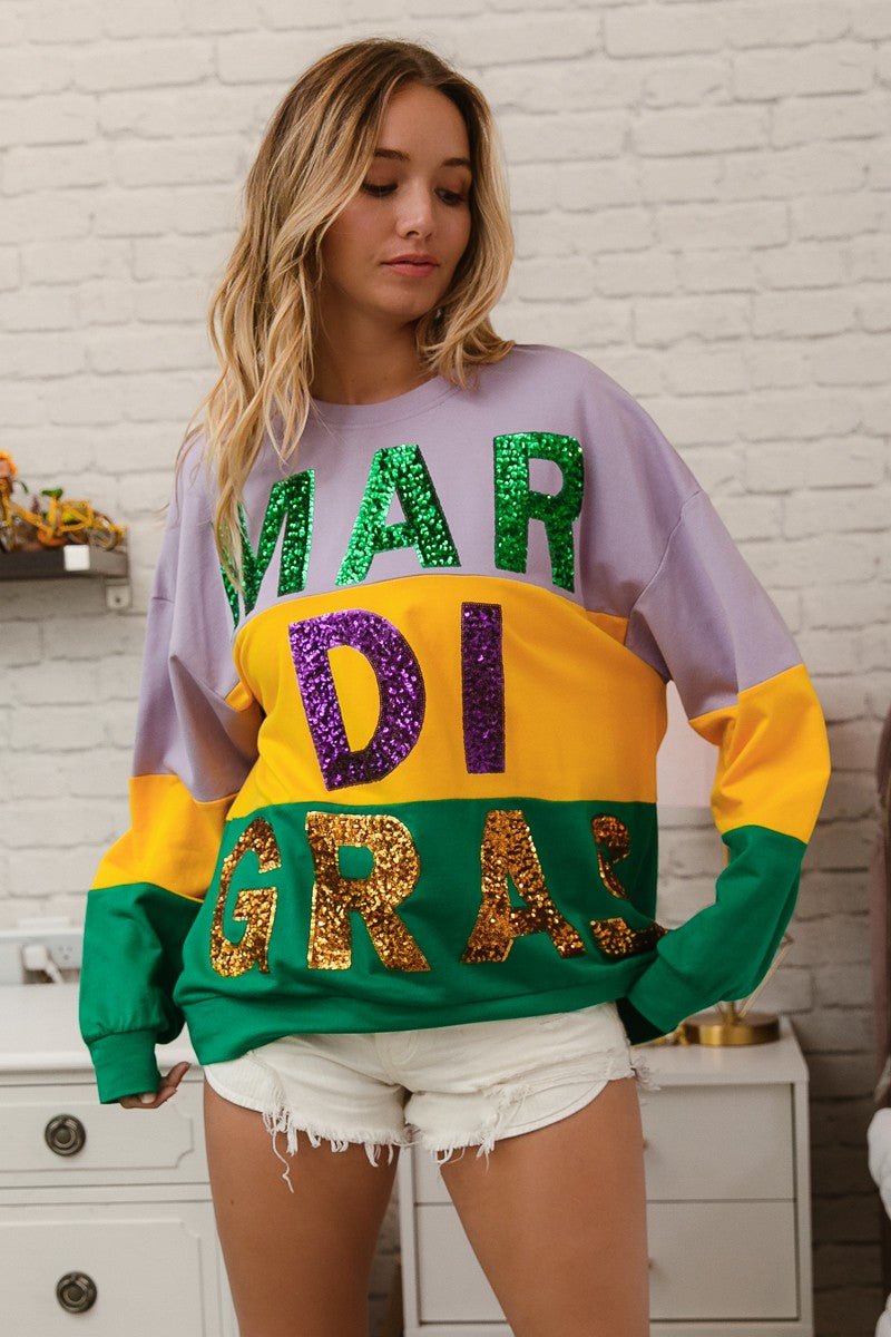 BiBi Sequin Mardi Gras Lettering Color Block Sweatshirt - Bitsy Gypsy Boutique