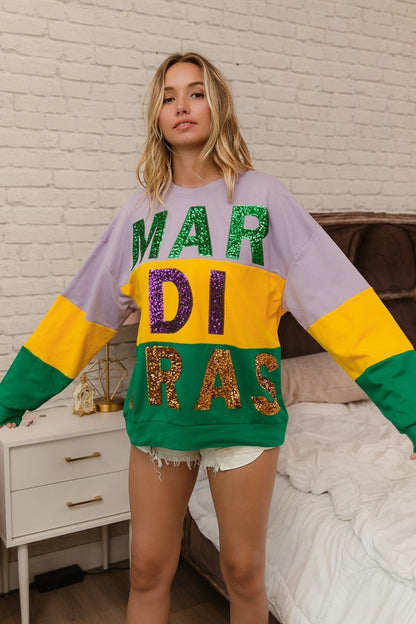 BiBi Sequin Mardi Gras Lettering Color Block Sweatshirt - Bitsy Gypsy Boutique