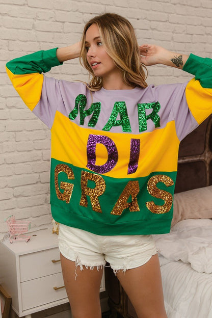 BiBi Sequin Mardi Gras Lettering Color Block Sweatshirt - Bitsy Gypsy Boutique