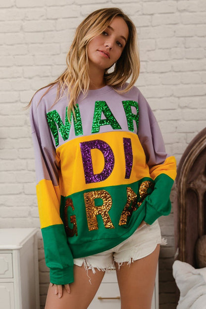 BiBi Sequin Mardi Gras Lettering Color Block Sweatshirt - Bitsy Gypsy Boutique
