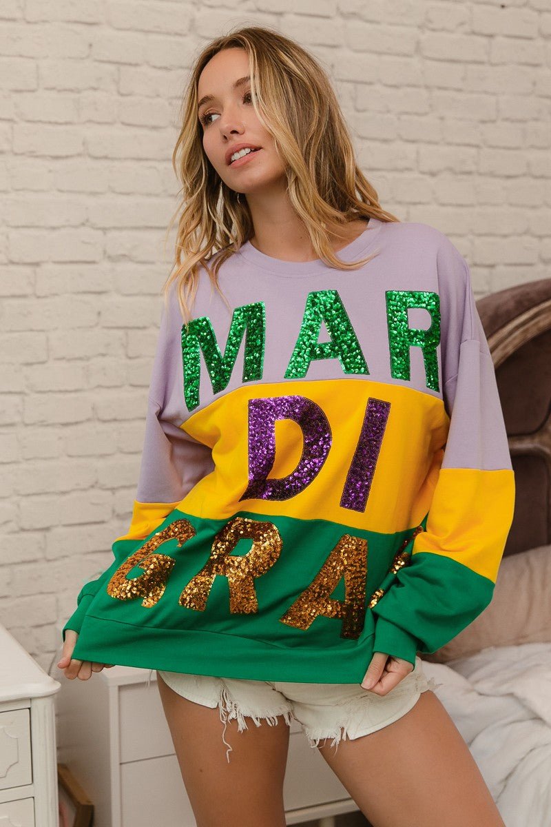 BiBi Sequin Mardi Gras Lettering Color Block Sweatshirt - Bitsy Gypsy Boutique