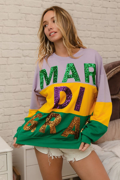 BiBi Sequin Mardi Gras Lettering Color Block Sweatshirt - Bitsy Gypsy Boutique