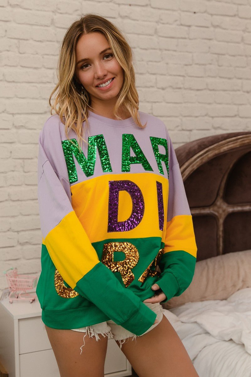 BiBi Sequin Mardi Gras Lettering Color Block Sweatshirt - Bitsy Gypsy Boutique