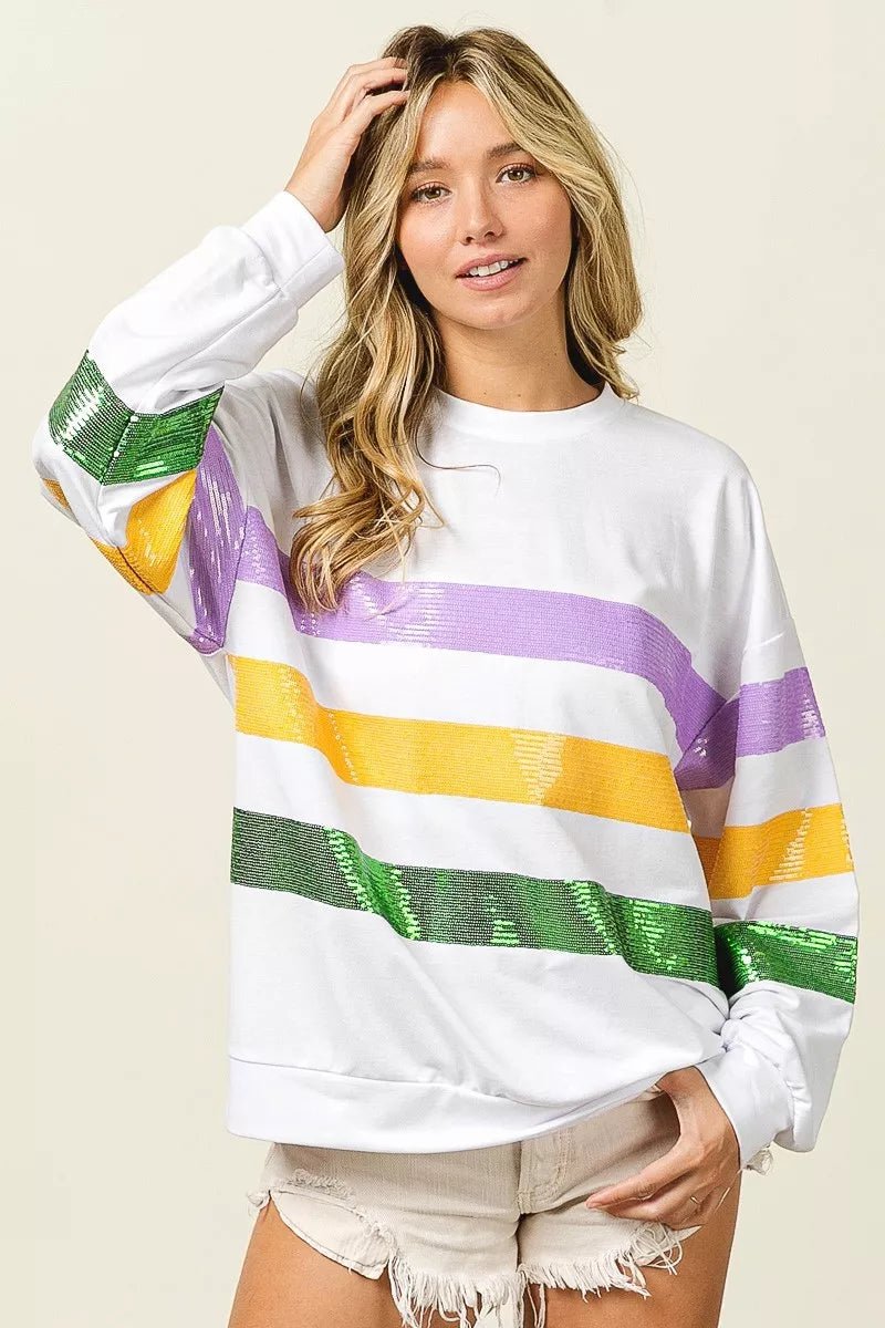 BiBi Sequin Mardi Gras Striped Round Neck Sweatshirt - Bitsy Gypsy Boutique