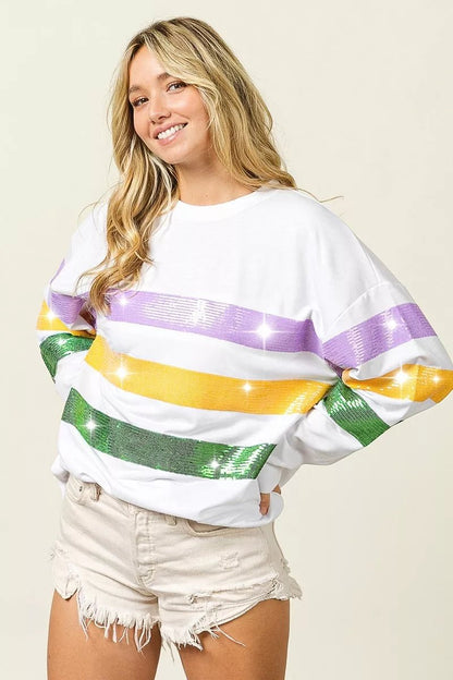 BiBi Sequin Mardi Gras Striped Round Neck Sweatshirt - Bitsy Gypsy Boutique