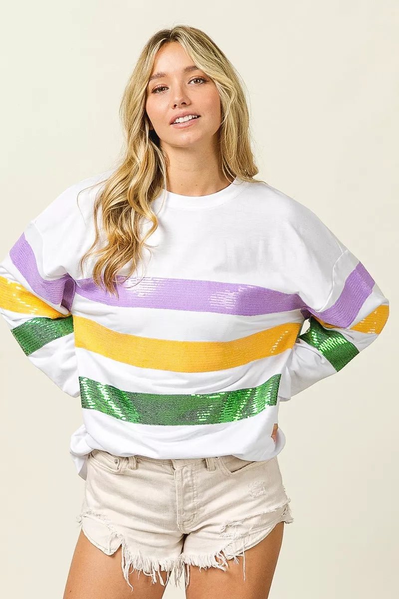 BiBi Sequin Mardi Gras Striped Round Neck Sweatshirt - Bitsy Gypsy Boutique