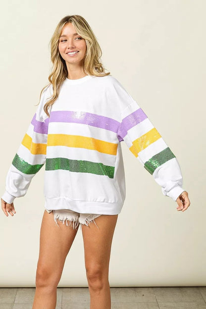 BiBi Sequin Mardi Gras Striped Round Neck Sweatshirt - Bitsy Gypsy Boutique