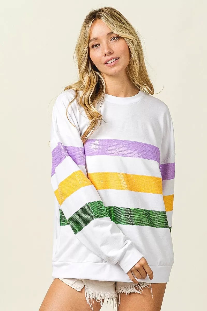 BiBi Sequin Mardi Gras Striped Round Neck Sweatshirt - Bitsy Gypsy Boutique
