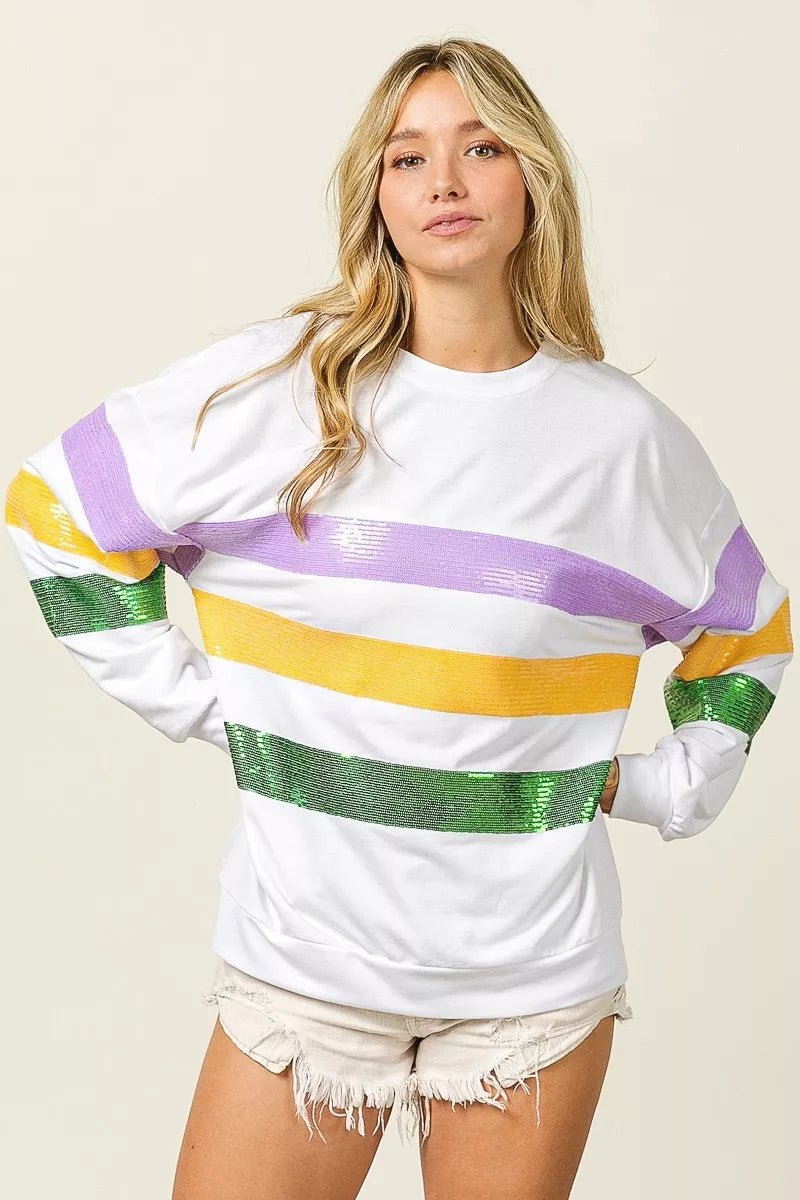 BiBi Sequin Mardi Gras Striped Round Neck Sweatshirt - Bitsy Gypsy Boutique