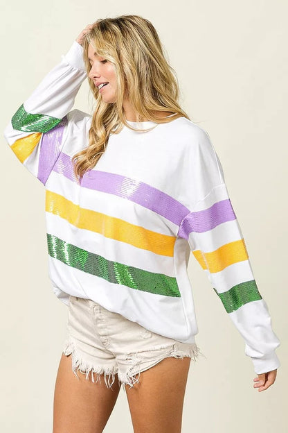 BiBi Sequin Mardi Gras Striped Round Neck Sweatshirt - Bitsy Gypsy Boutique