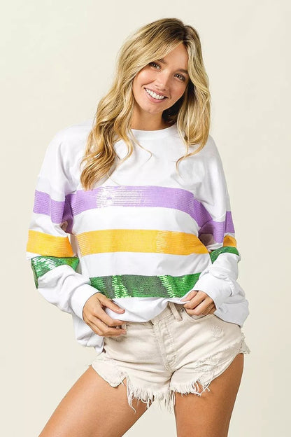 BiBi Sequin Mardi Gras Striped Round Neck Sweatshirt - Bitsy Gypsy Boutique