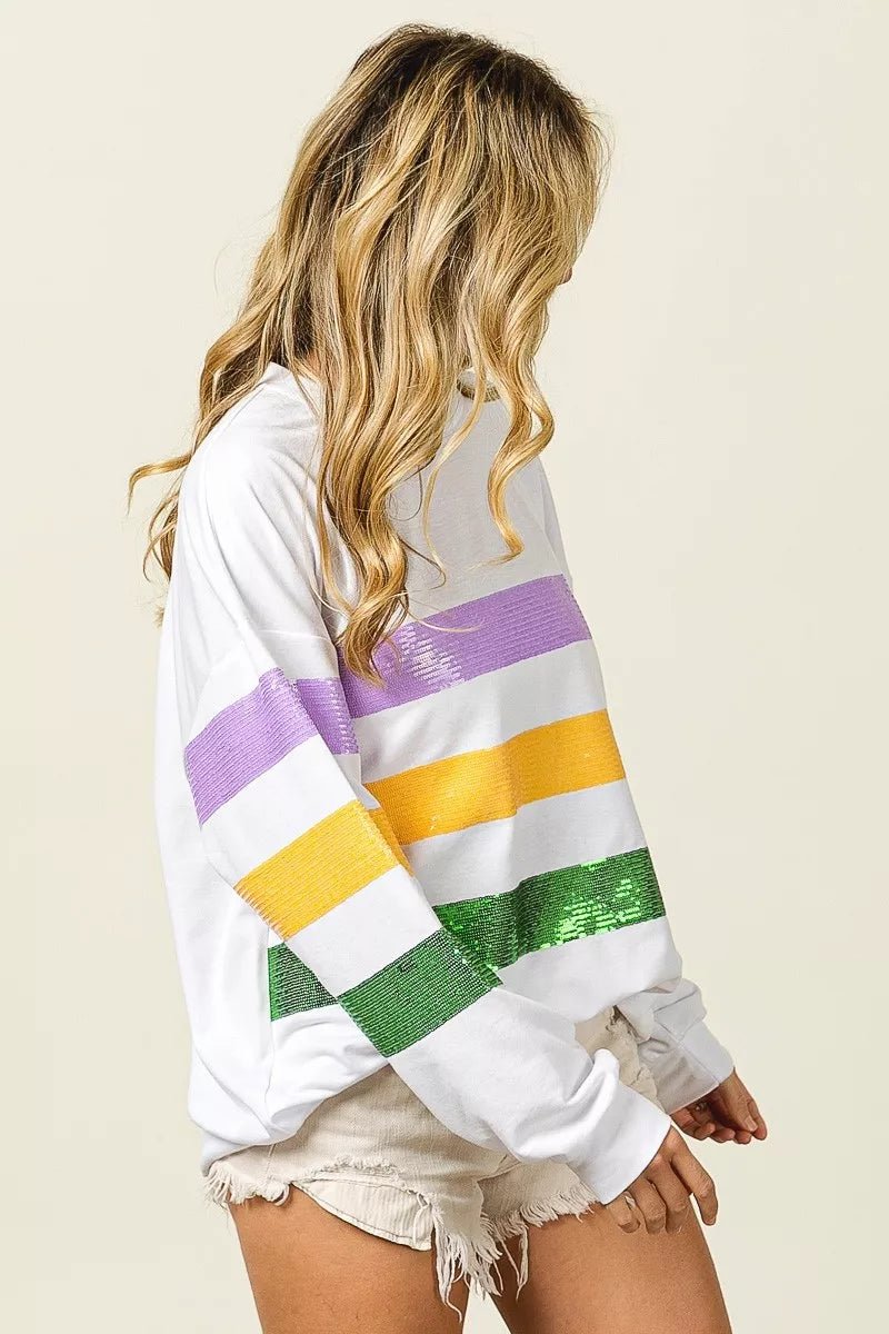 BiBi Sequin Mardi Gras Striped Round Neck Sweatshirt - Bitsy Gypsy Boutique