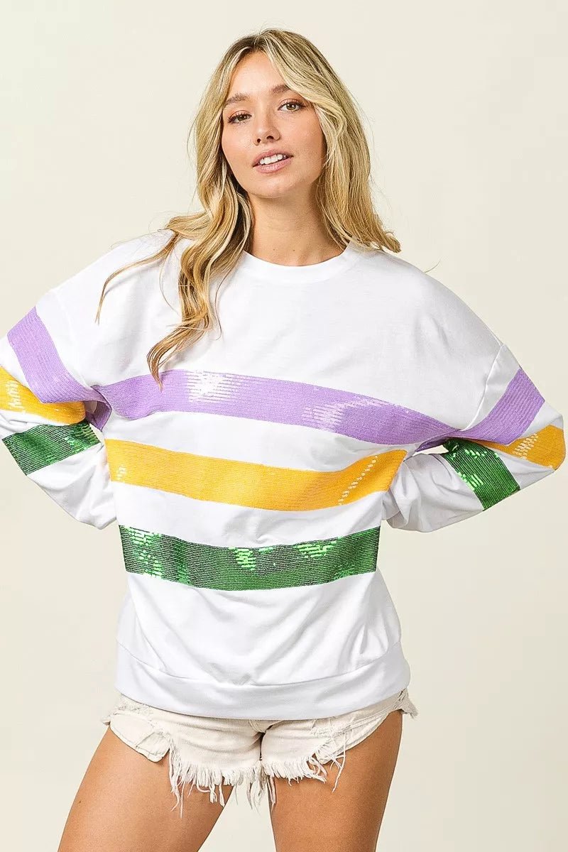 BiBi Sequin Mardi Gras Striped Round Neck Sweatshirt - Bitsy Gypsy Boutique