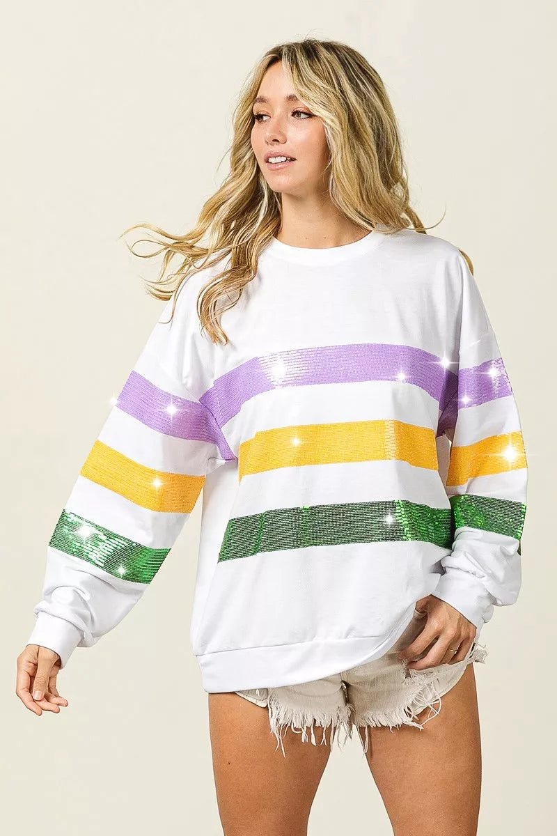 BiBi Sequin Mardi Gras Striped Round Neck Sweatshirt - Bitsy Gypsy Boutique