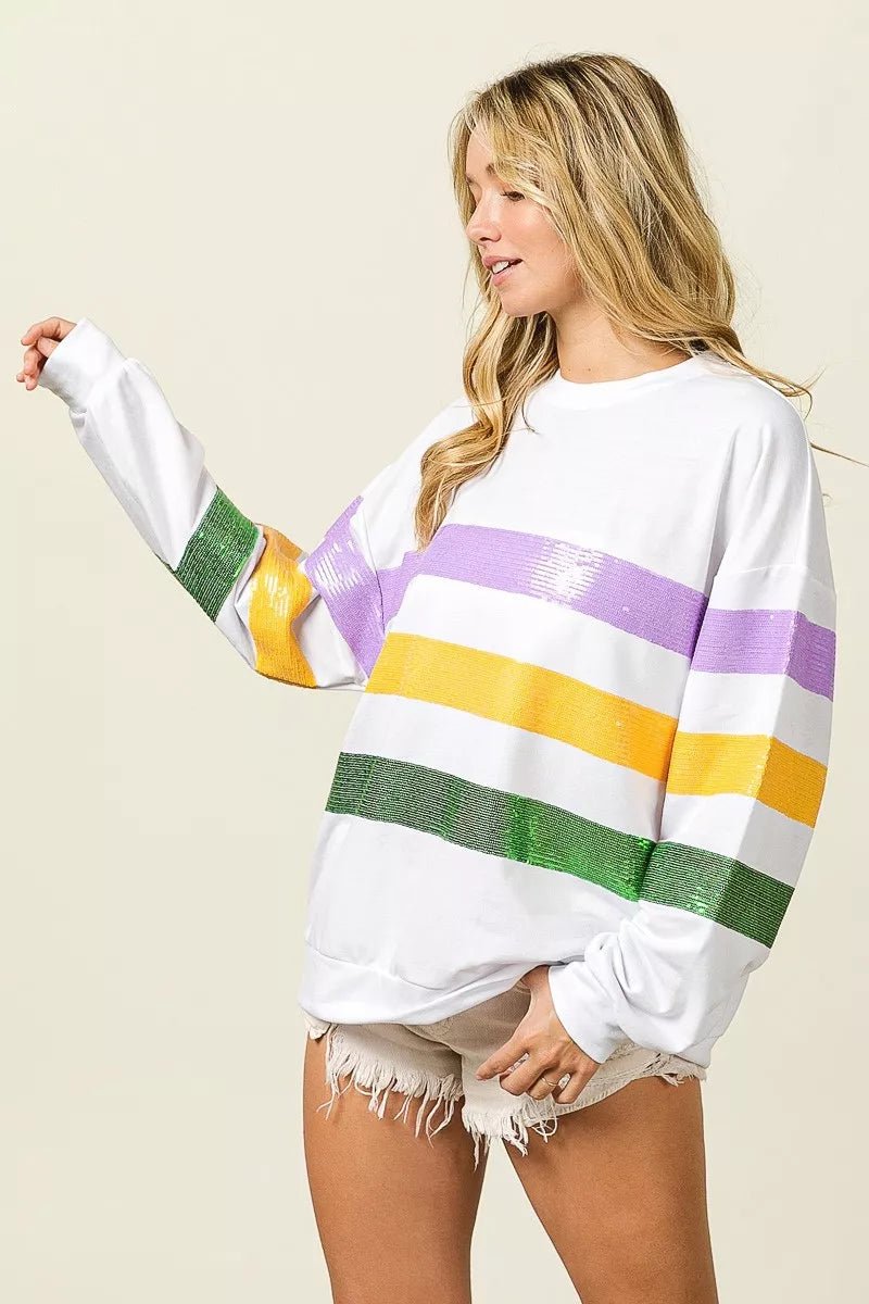BiBi Sequin Mardi Gras Striped Round Neck Sweatshirt - Bitsy Gypsy Boutique