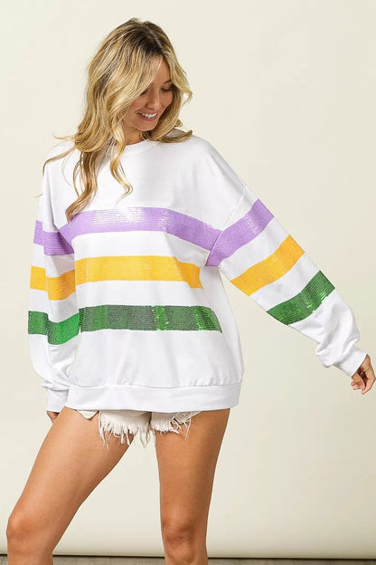 BiBi Sequin Mardi Gras Striped Round Neck Sweatshirt - Bitsy Gypsy Boutique