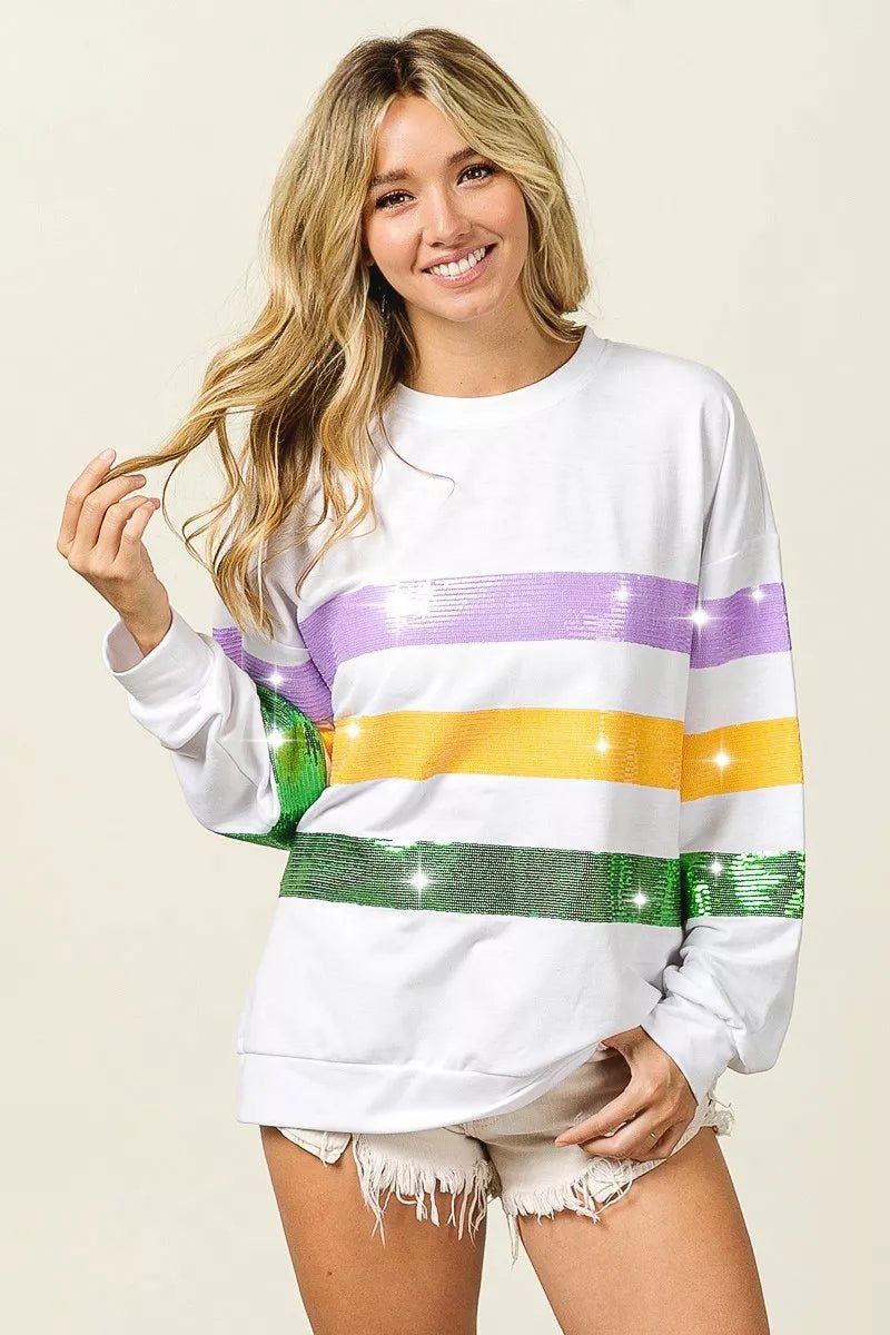 BiBi Sequin Mardi Gras Striped Round Neck Sweatshirt - Bitsy Gypsy Boutique