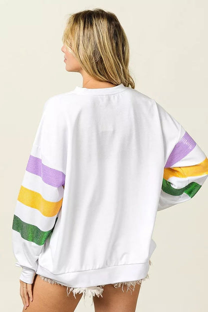 BiBi Sequin Mardi Gras Striped Round Neck Sweatshirt - Bitsy Gypsy Boutique